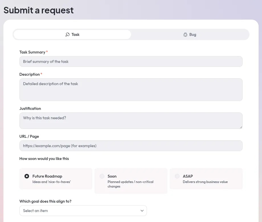 The portal's request form: a task or a bug, a summary, description and justification, the page it affects, how soon you'd like it (future roadmap, soon or ASAP) and the goal it aligns to
