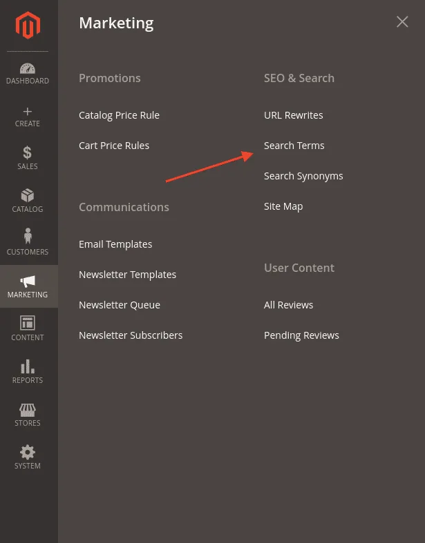 Magento admin Search terms