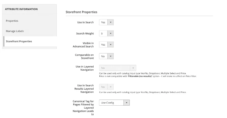 Search attribute settings
